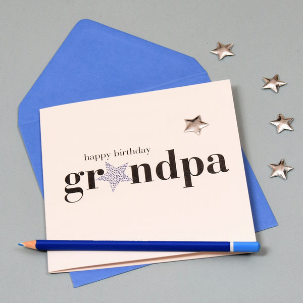 Birthday Card, Grandpa, Blue Stars, Embellished with a shiny padded star