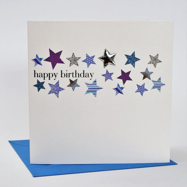 Birthday Card, Blue Stars, Happy Birthday, Embellished with a shiny padded star
