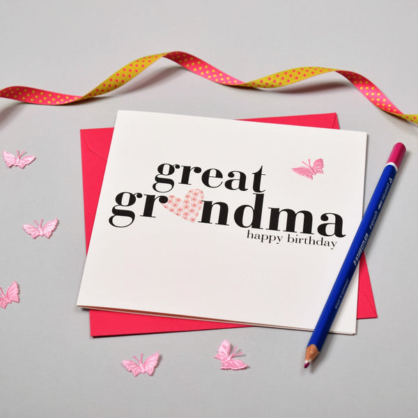 Birthday Card, Heart, Great Grandma happy birthday, fabric butterfly Embellished