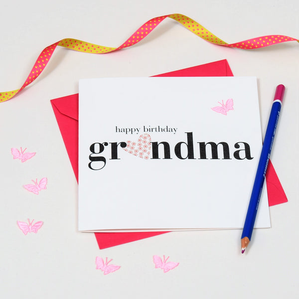 Birthday Card, Heart, Happy Birthday Grandma, fabric butterfly Embellished