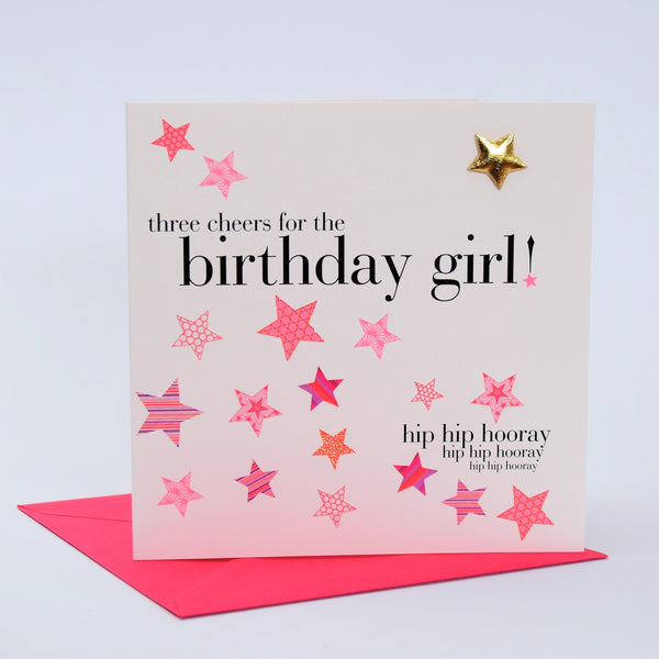 Birthday Card, Pink Stars, birthday girl, Embellished with a padded star