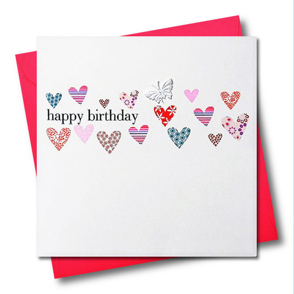 Birthday Card, Hearts, happy birthday, embellished with a fabric butterfly