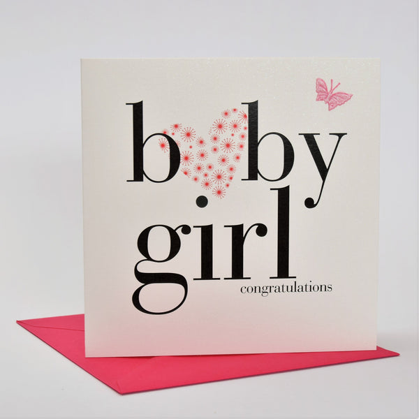Baby Card, Pink Heart, Baby Girl Congratulations, fabric butterfly Embellished