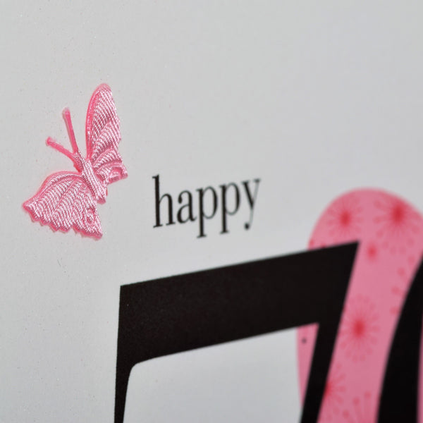 Birthday Card, Pink Heart, Happy 70th Birthday, fabric butterfly Embellished