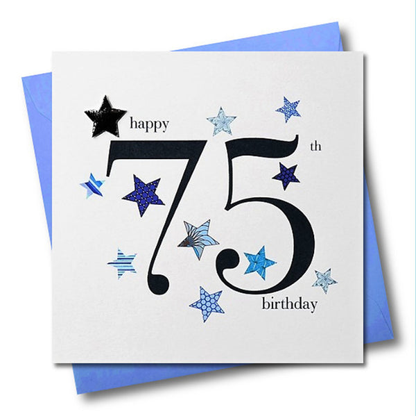 Birthday Card, Blue Stars, Happy 75th Birthday, Embellished with a padded star