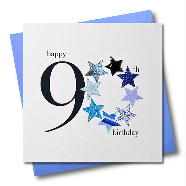 Birthday Card, Blue Stars, Happy 90th Birthday, Embellished with a padded star