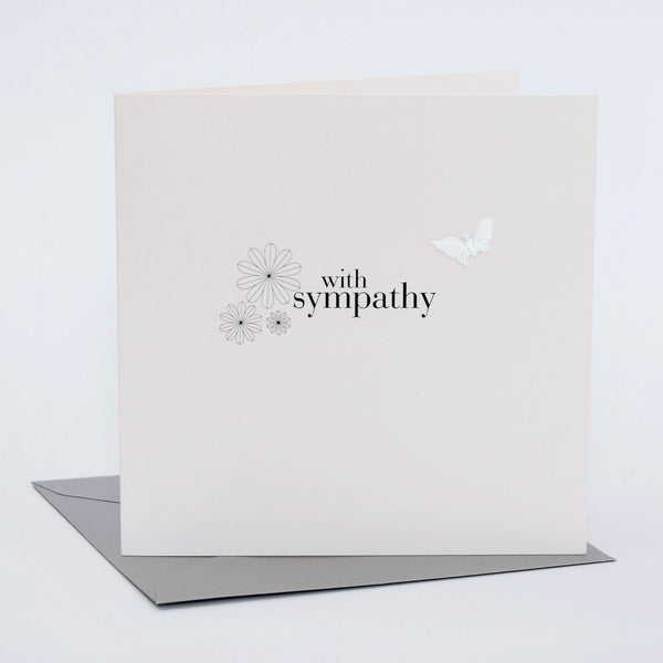 Sympathy Card, Sorry Thinking of you, White Flowers fabric butterfly Embellished