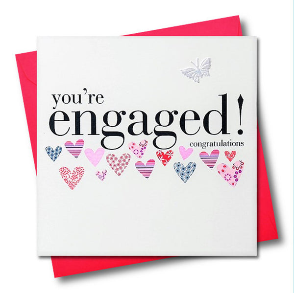 Wedding Engagement Card, Pink Hearts, fabric butterfly Embellished