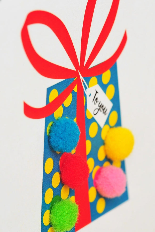 Everyday Card, Dotty Present, Happy Birthday, Embellished with colourful pompoms