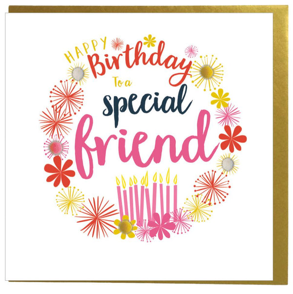 Birthday Card, Candles, Special Friend, Embellished with pompoms