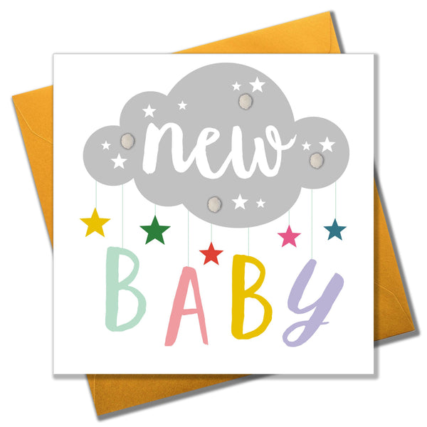 Baby Card, Mobile, New Baby, Embellished with colourful pompoms