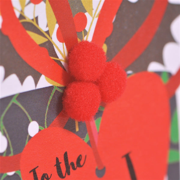 Christmas Card, Present with Heart Tag, The One I Love, Embellished with pompoms