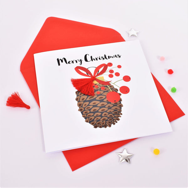 Christmas Card, Merry Christmas, Pine Cone, Embellished with colourful pompoms