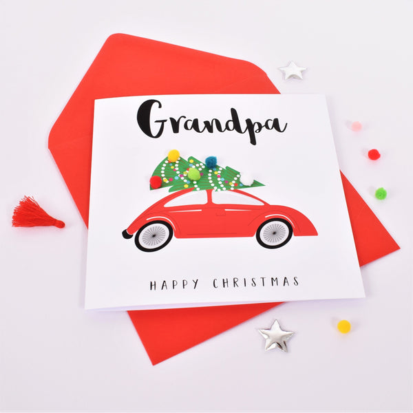 Christmas Card, Christmas Tree on Car, Grandpa, Embellished with pompoms