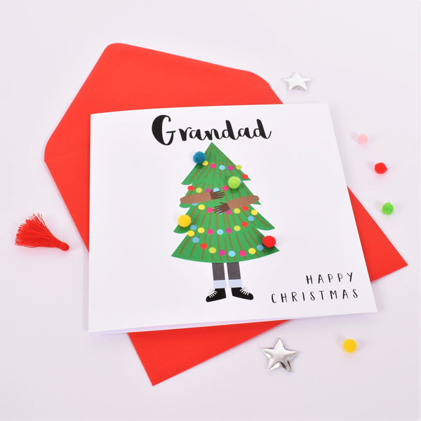 Christmas Card, Man Carrying Christmas Tree, Grandad, Embellished with pompoms