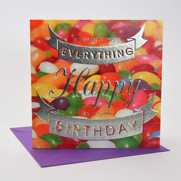Birthday Card, Jelly Beans, Birthday Wishes, Embossed and Foiled text
