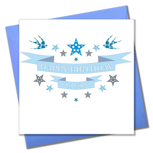 Birthday Card, Blue Banners, Happy Birthday to you