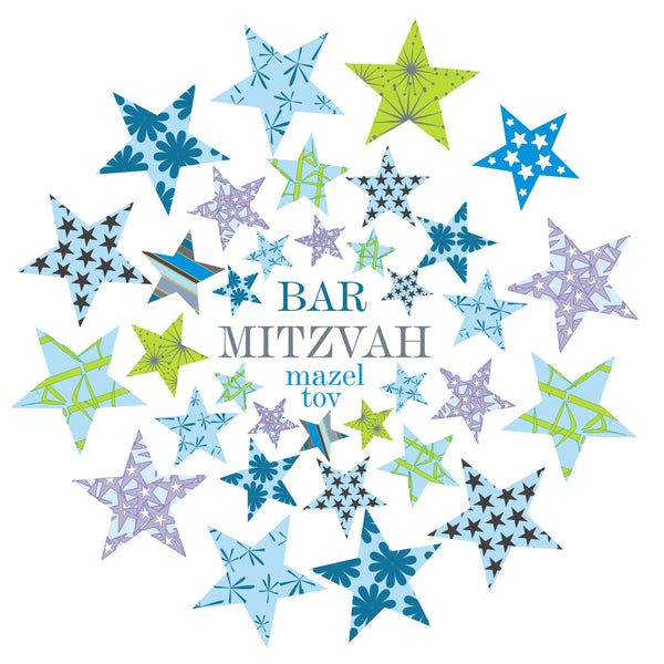 Religious Occassions Card, Blue and Green Stars, Bar Mitzvah Mazel Tov