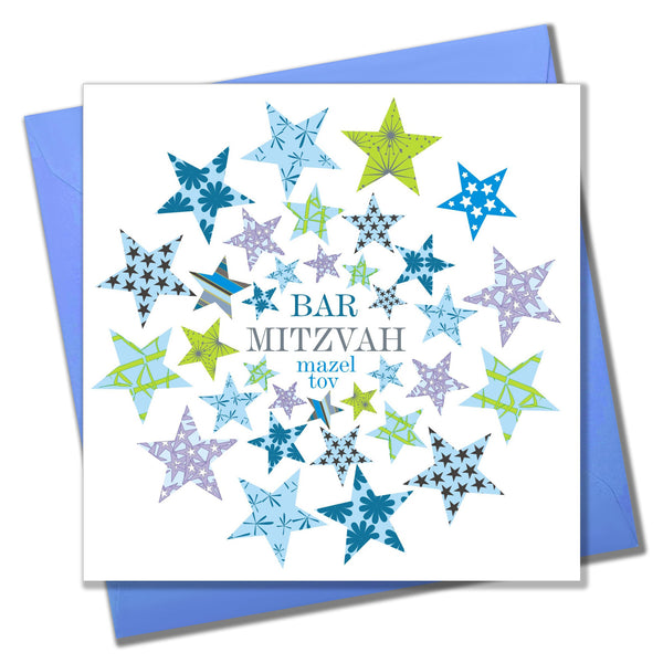 Religious Occassions Card, Blue and Green Stars, Bar Mitzvah Mazel Tov