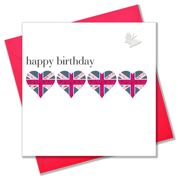 Birthday Card, Union Hearts, embellished with a pretty fabric butterfly