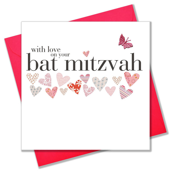 Bat Mitzvah Card, pink hearts, embellished with a pretty fabric butterfly