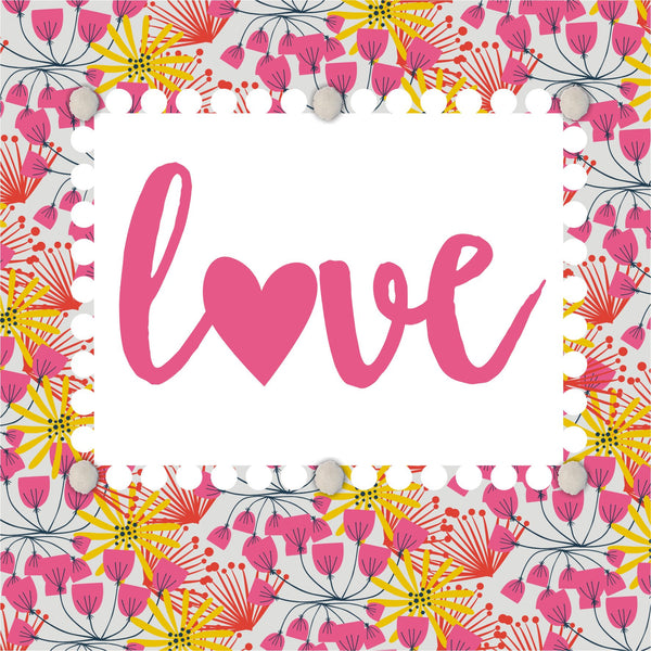 Valentine's Day Card, Patterned Background, Love, Embellished with pompoms