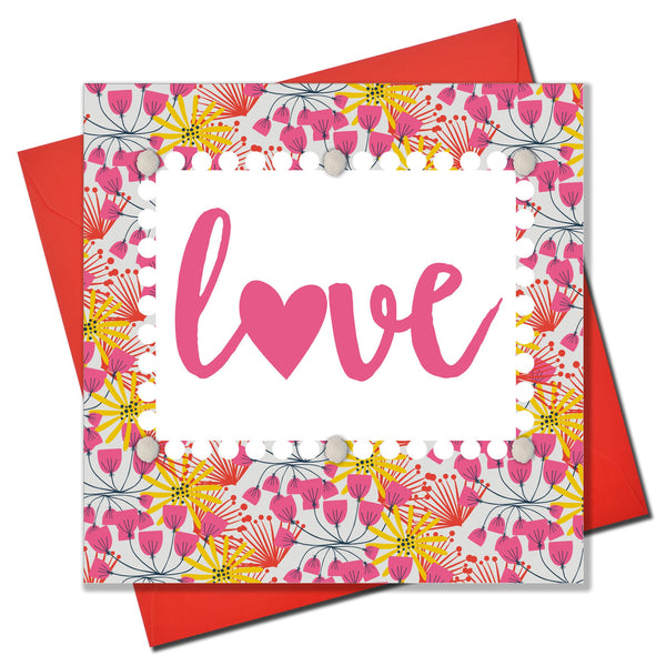 Valentine's Day Card, Patterned Background, Love, Embellished with pompoms