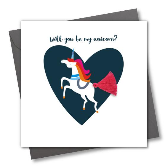 Valentine's Day Card, Heart, be my unicorn, Embellished with a tassel