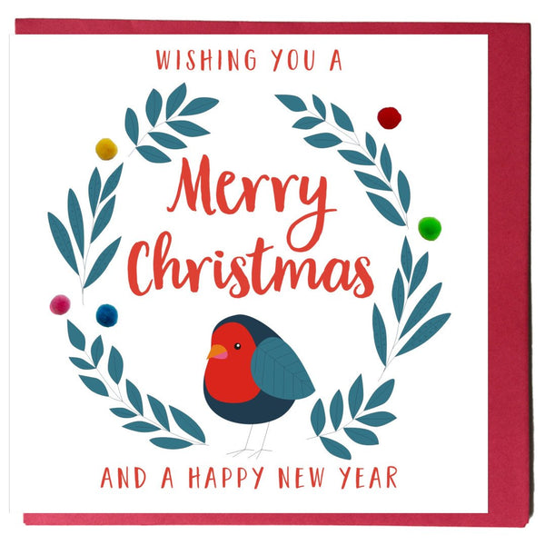 Christmas Card, Robin, Embellished with colourful pompoms