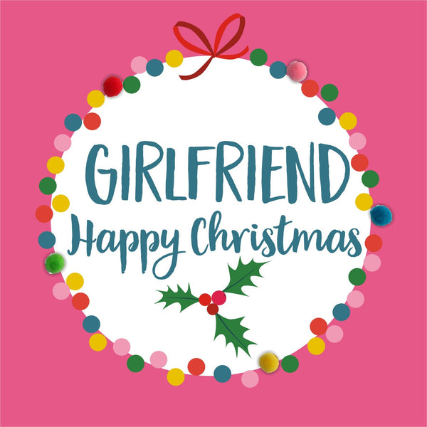 Christmas Card, Pink Bauble, Girlfriend, Embellished with colourful pompoms