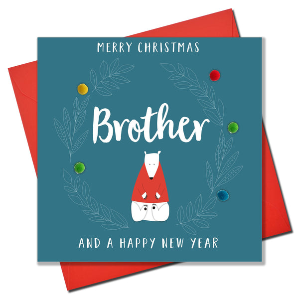 Christmas Card, Polar Bear, Brother, Embellished with colourful pompoms