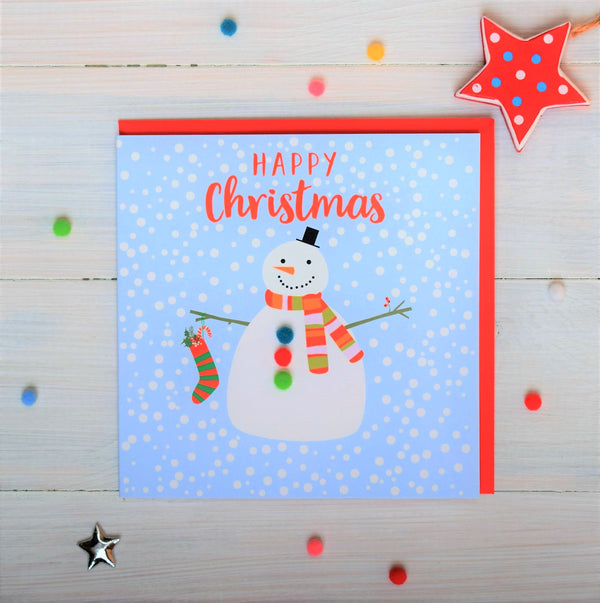 Christmas Card, Snowman , Happy Christmas, Embellished with colourful pompoms