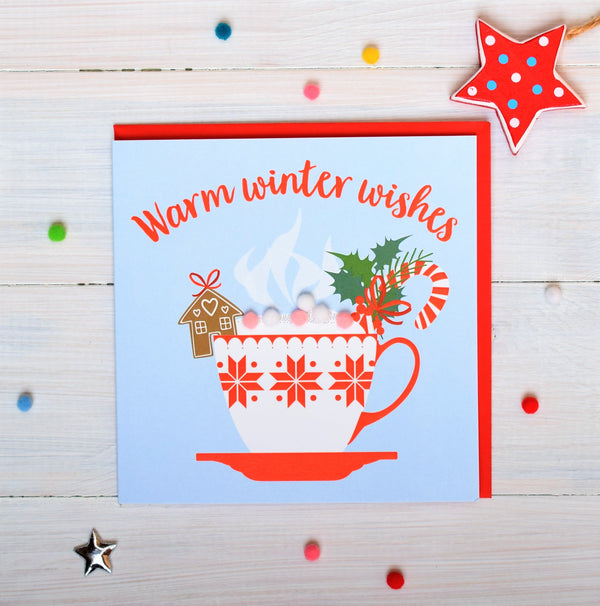 Christmas Card, Christmas cappuccino , Warm winter wishes, Pompom Embellished