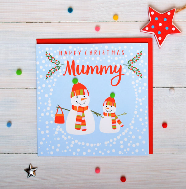 Christmas Card, Big snowman, little snowman , Mummy, Pompom Embellished