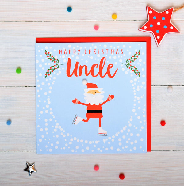 Christmas Card, Skating Santa , Happy Christmas, uncle, Pompom Embellished