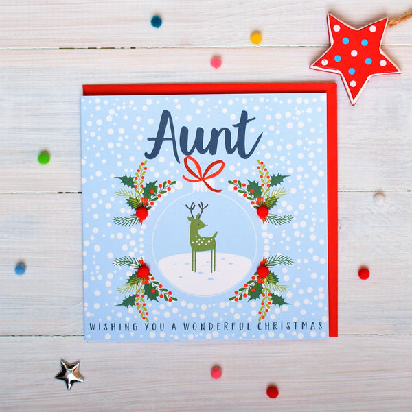 Christmas Card, Reindeer in a bauble, Aunt, Pompom Embellished