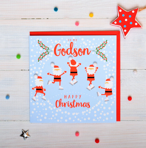 Christmas Card, Skating Santas, To my godson, Pompom Embellished