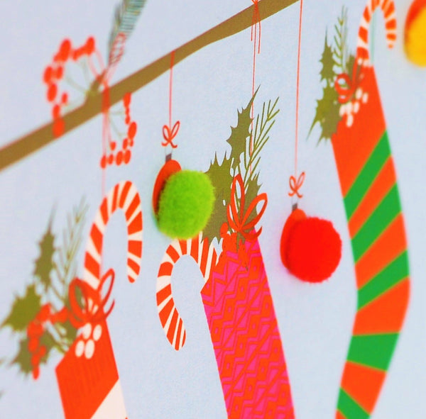 Christmas Card, Four Christmas stockings , Grandad, Pompom Embellished