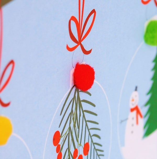 Christmas Card, Three baubles on a branch, Grandson, Pompom Embellished