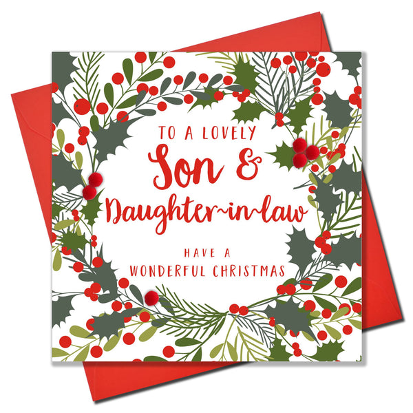 Christmas Card, Holly wreath, Son and daughter-in-law, Pompom Embellished