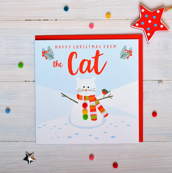 Christmas Card, Snowcat , Happy Christmas from the Cat, Pompom Embellished