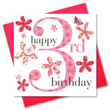 Birthday Card, Age 3 Girl Pink, Embellished with a fabric butterfly
