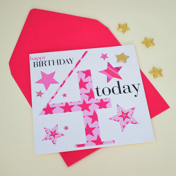 Birthday Card, Age 4 Girl, Pink, Embellished with a padded star