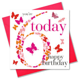 Birthday Card, Age 6 Girl, Happy 6th Birthday, fabric butterfly embellished