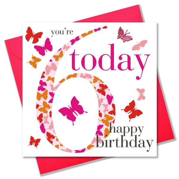 Birthday Card, Age 6 Girl, Happy 6th Birthday, fabric butterfly embellished