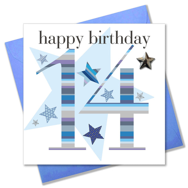 Birthday Card, Age 14 Boy, happy 14th Birthday, Embellished with a padded star