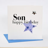 Birthday Card, Blue Stars, Son, Embellished with a shiny padded star