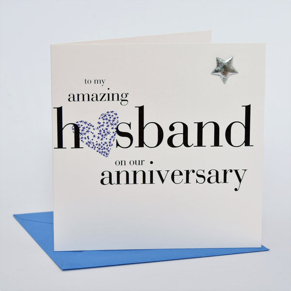 Husband Wedding Anniversary Card, Blue Heart, Embellished with a padded star