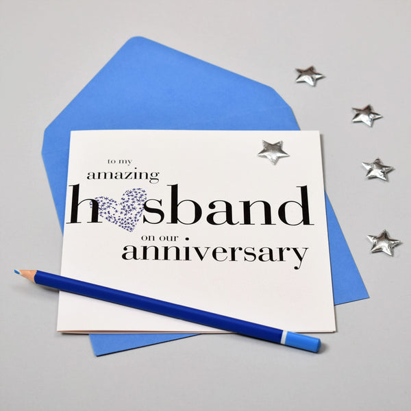 Husband Wedding Anniversary Card, Blue Heart, Embellished with a padded star