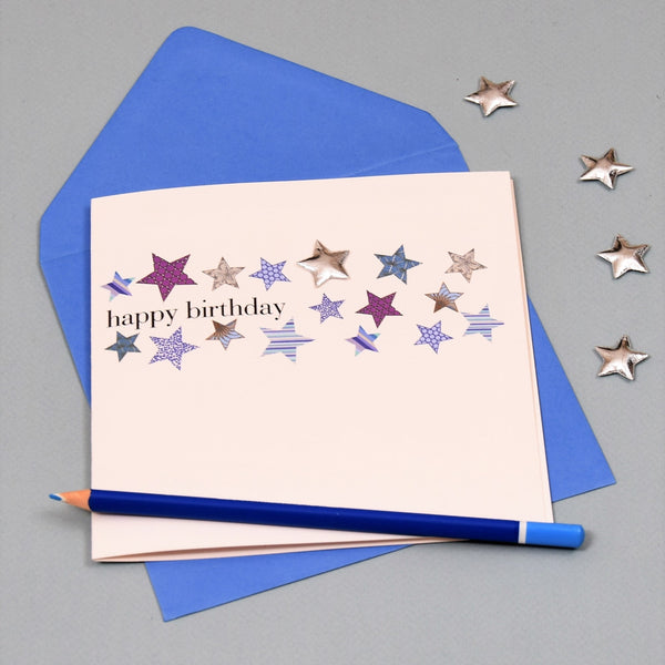 Birthday Card, Blue Stars, Happy Birthday, Embellished with a shiny padded star